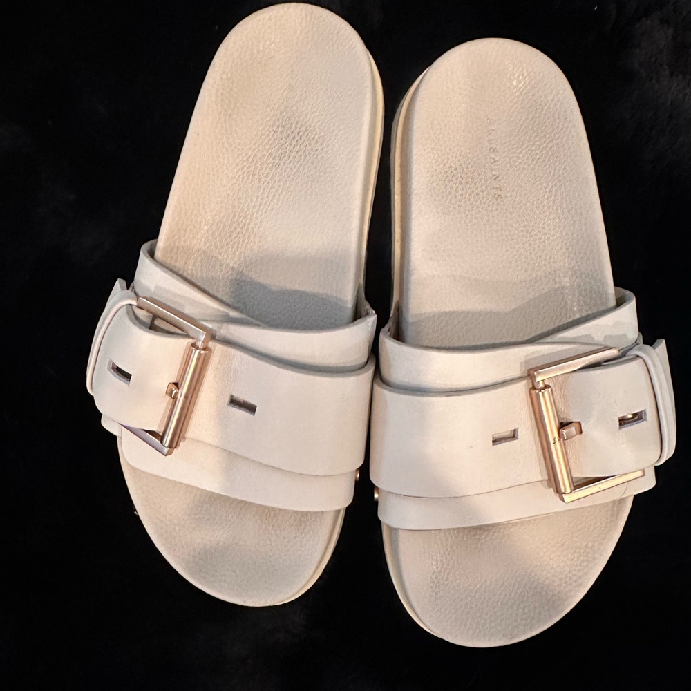 All Saints Cream Slide Sandals with Gold Accent